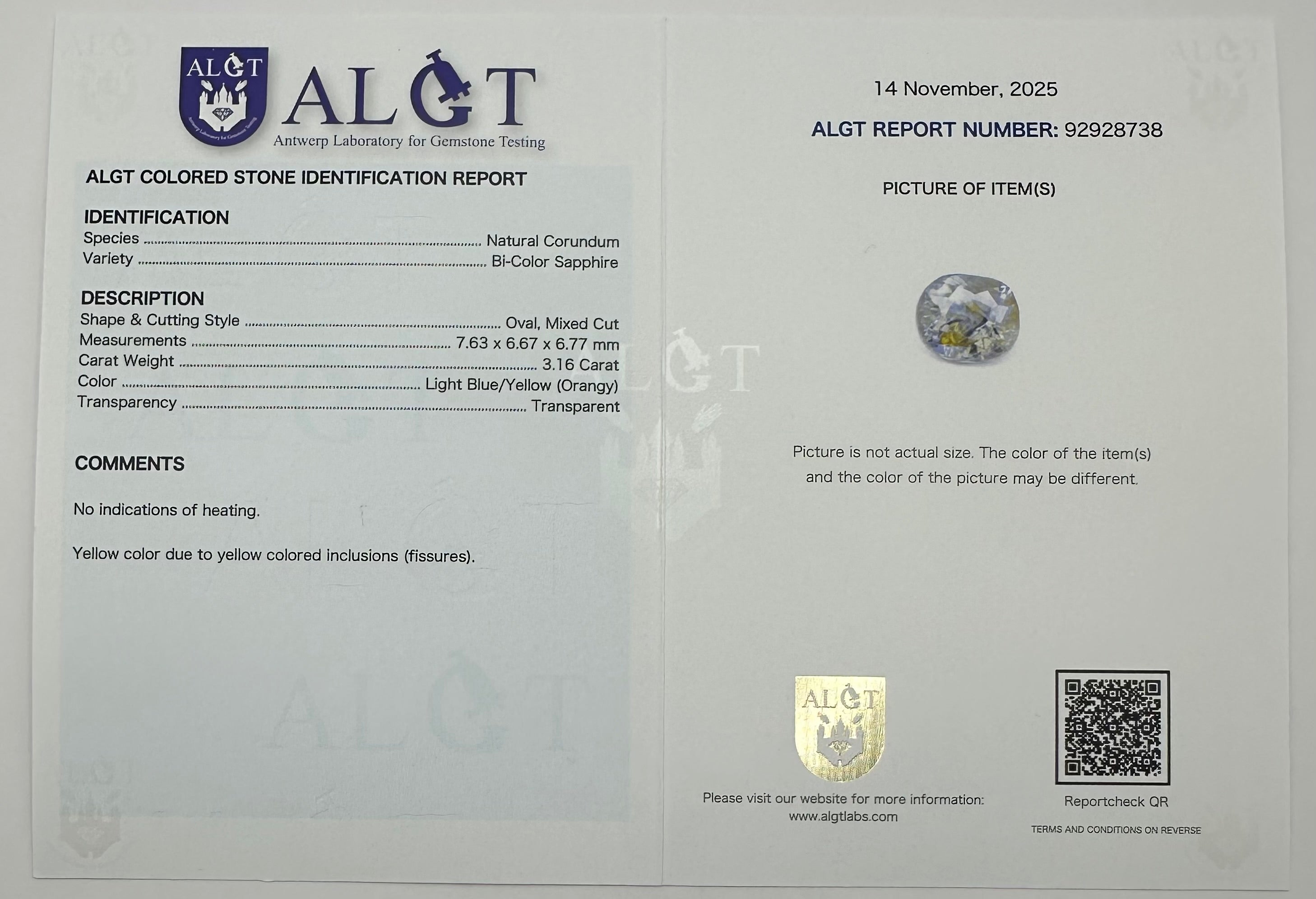 Natural Sapphire 3,16 Carat Bi-Color No Treatment ALGT Certified