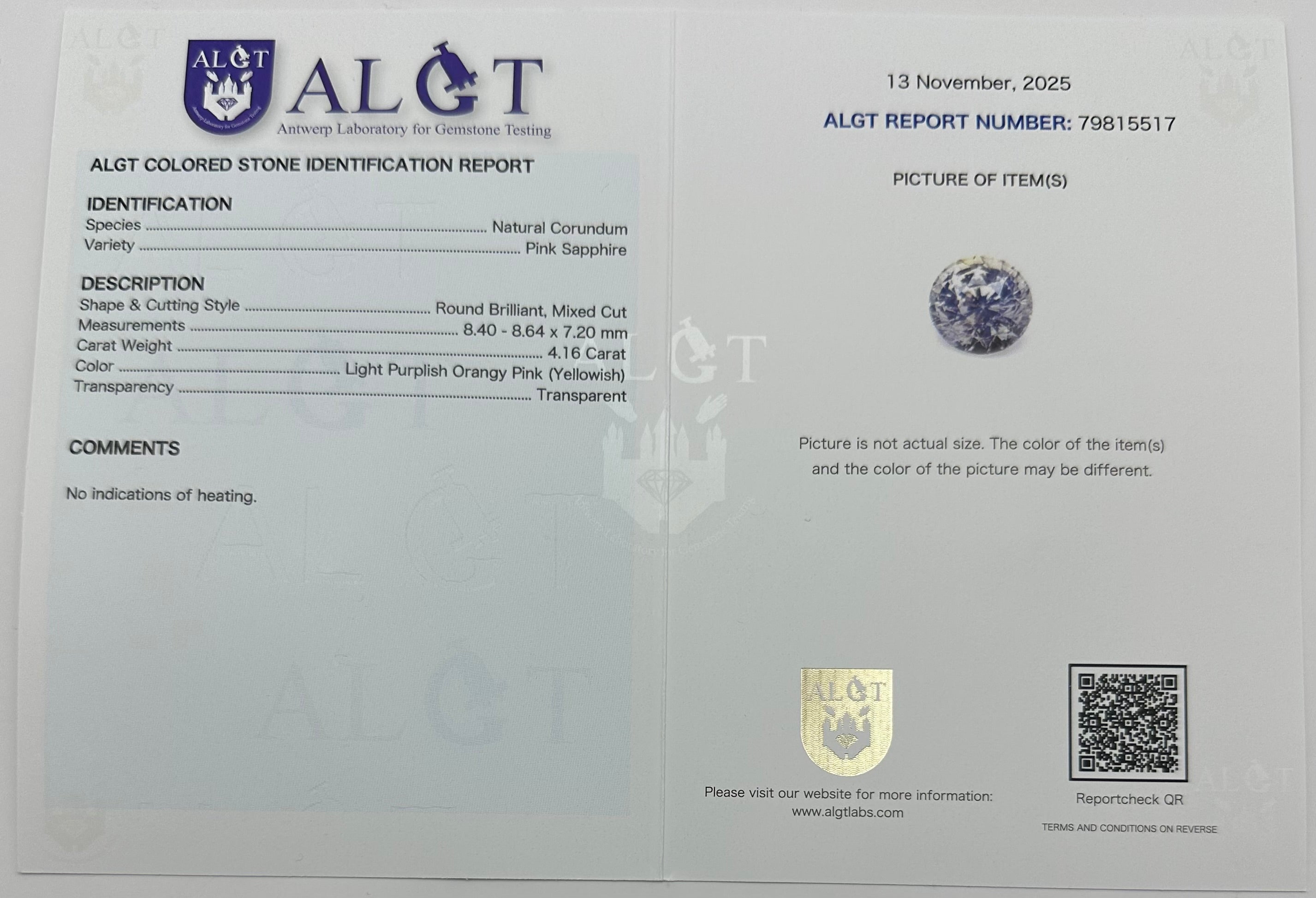 Natural Sapphire 4,16 Carat Pink No Treatment ALGT Certified